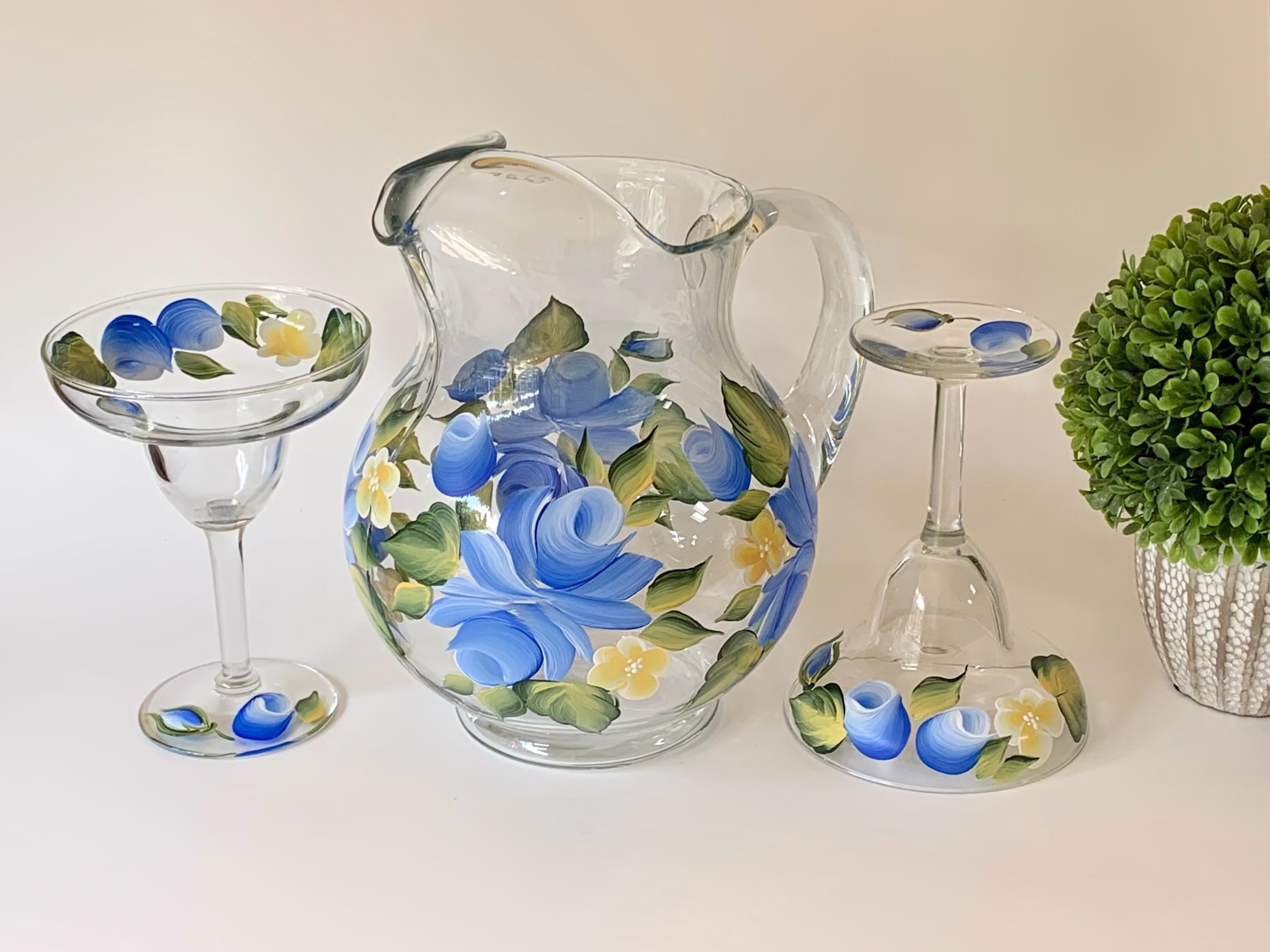 Painted Glass Pitcher Set Blue Roses Margarita, Painted Cocktail Glasses, 21st Birthday Gift For Her, Godmother Gift, Sangria