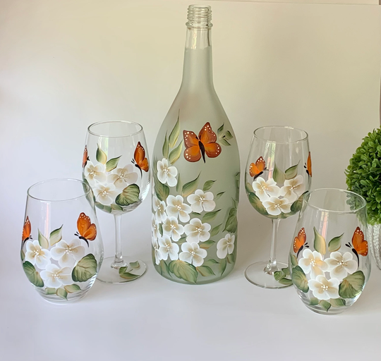 Wine Glass Set, Painted Wine Glasses, Stemless Glass, White Flowers, Step Mom Gift, 21St Birthday Gift For Her, Godmother