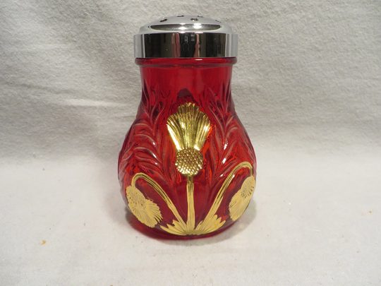 Vintage Reproduction Ruby Glass Sugar Shaker - Gold Thistle Pattern