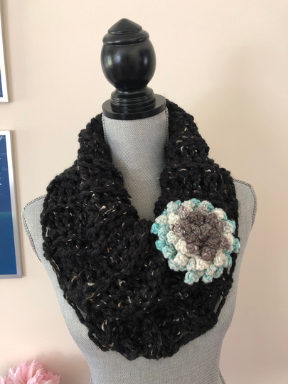 Black Tweed Chunky Cowl Endless Loop Scarf Neck Warmer With Removable Large Turquoise Gray Flower Statement Brooch