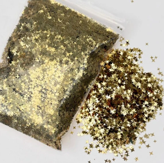 Gold Holographic 4 Point Star Shaped Spangles Glitter Confetti Solvent Resistant 1 Tsp