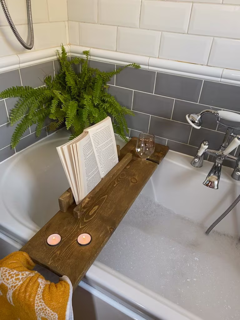 Wooden Rustic Luxury Bath Tray/Caddy Shelf Bathtub Tidy /Book Ipad Tablet Holder/Solid Wood/Wine Holder/Handmade