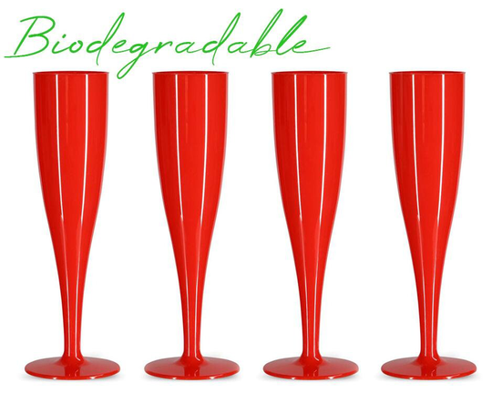 50 X Red Prosecco Flutes - Biodegradable Material in Glossy Colour 1-Piece Champagne Glass | Pack Of Glasses Halloween, Parties, Bbq