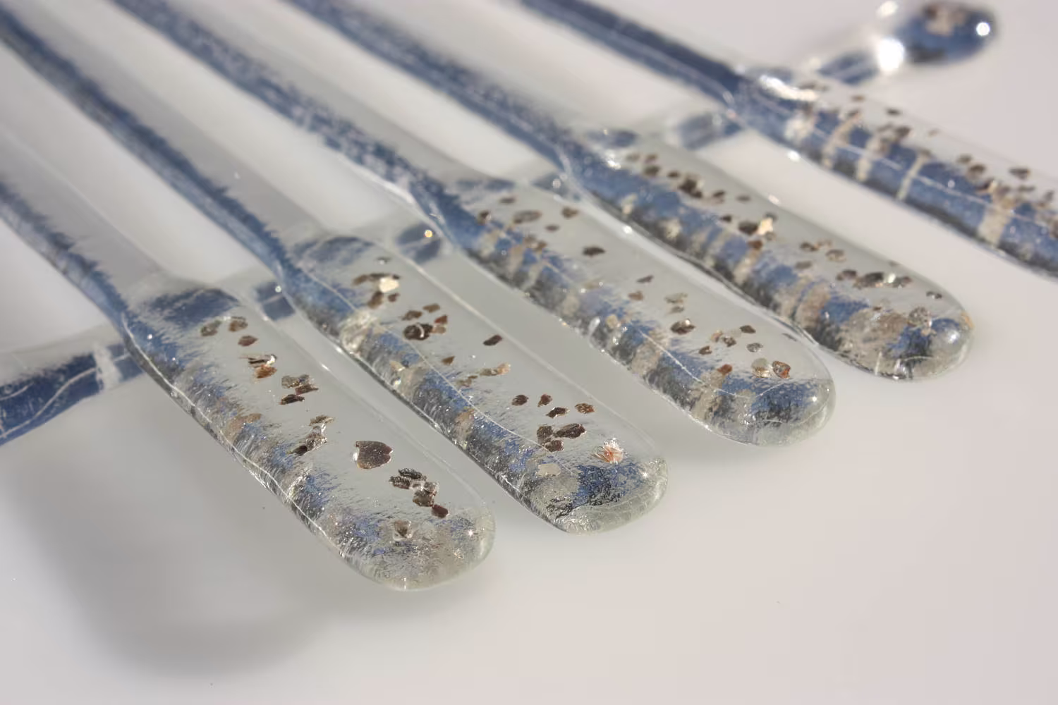 Gold Flake Fused Glass Swizzle Sticks, Set Of Six Handmade Cocktail Stirrers
