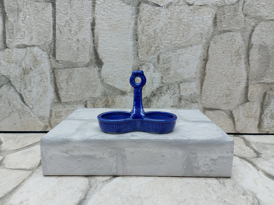 Made in Japan Vintage Salt Dish Dual Sided & Pepper Shakers Carriage Holder Blue Ceramic