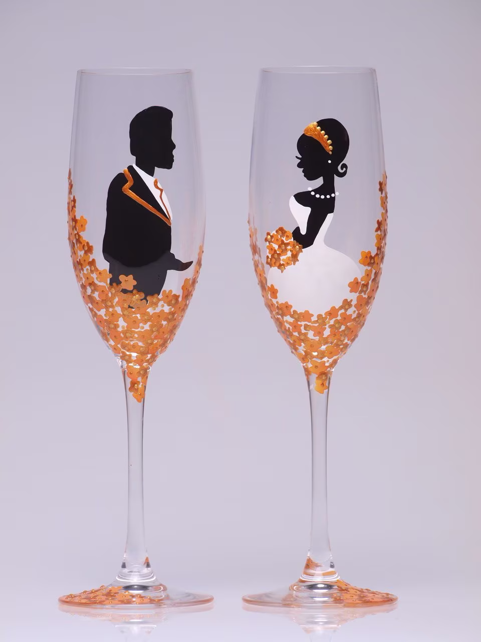 Hand Painted Wedding Toasting Flutes Set Of 2 Personalized Champagne Glasses Groom & Bride Golden Yellow Flowers