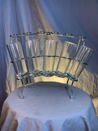 Mid Century Arched Metal Drink Caddy Double Shot Glasses