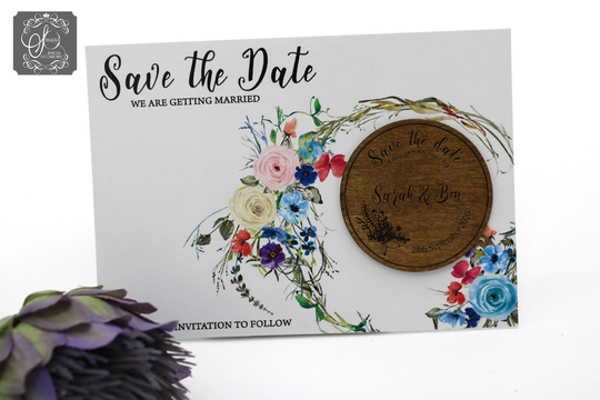 Wedding Save The Date Fridge Magnet Tones Of Blue Flower Wreath White Card Background