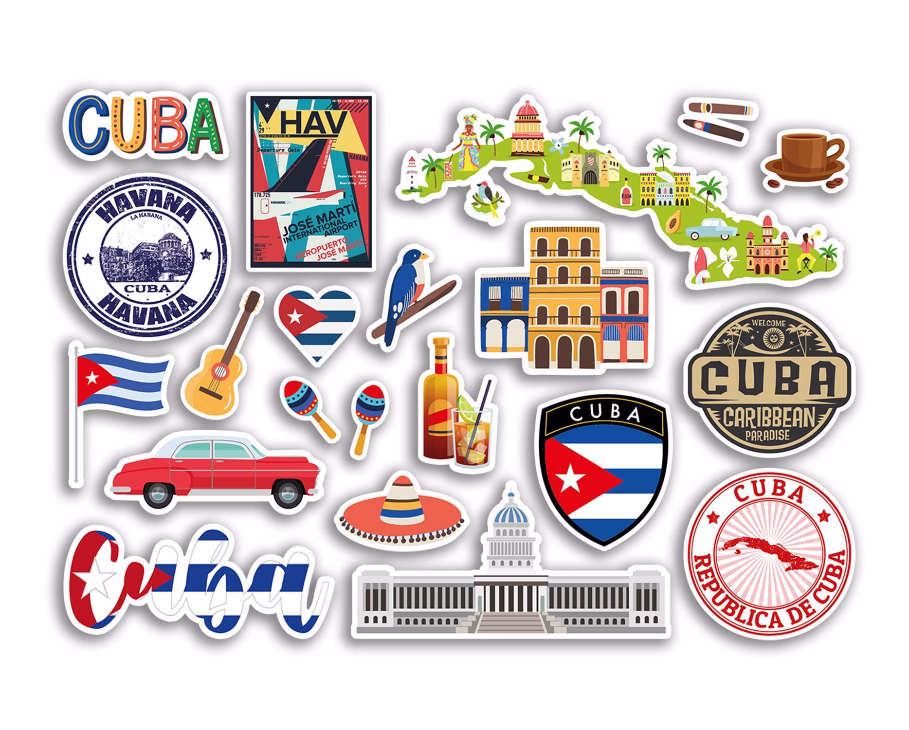 A5 Sticker Sheet Cuba Landmarks Vinyl Stickers - Country Map America Airport Stamps Skyline Flag Travel Holiday Scrapbook Aesthetic #79026