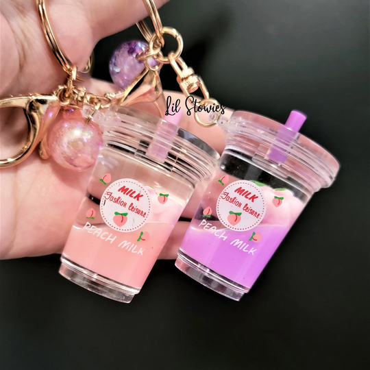Peach Fruit Key Chain, Mini Cup, Drinks, Juice Water Keychain Unique Gift Cute Charms Keychain, Kawaii Moving Liquid Bag Charm