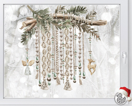 Boho Christmas Macrame Window Decal - Classy Watercolour Xmas Stickers Reusable Seasonal Clings By Dizzy Duck