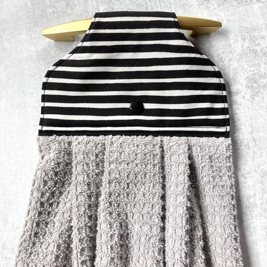 Wavy Black & White Stripes Handmade Hanging Kitchen Hand Towel With Snap Closure For Knobs, Easy Hang Stay Put Dish Loop