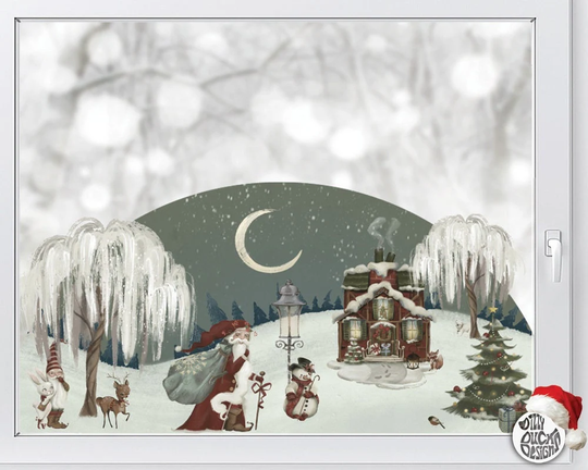 Classy Christmas Window Decal By Dizzy Duck - Vintage Santa Snowy Winter Scene Sticker Reusable Seasonal Cling Décor