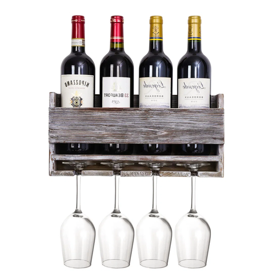 Hamaad 4 Bottle Solid Wood Wall Mounted Wine Bottle and Glass Rack in Grey