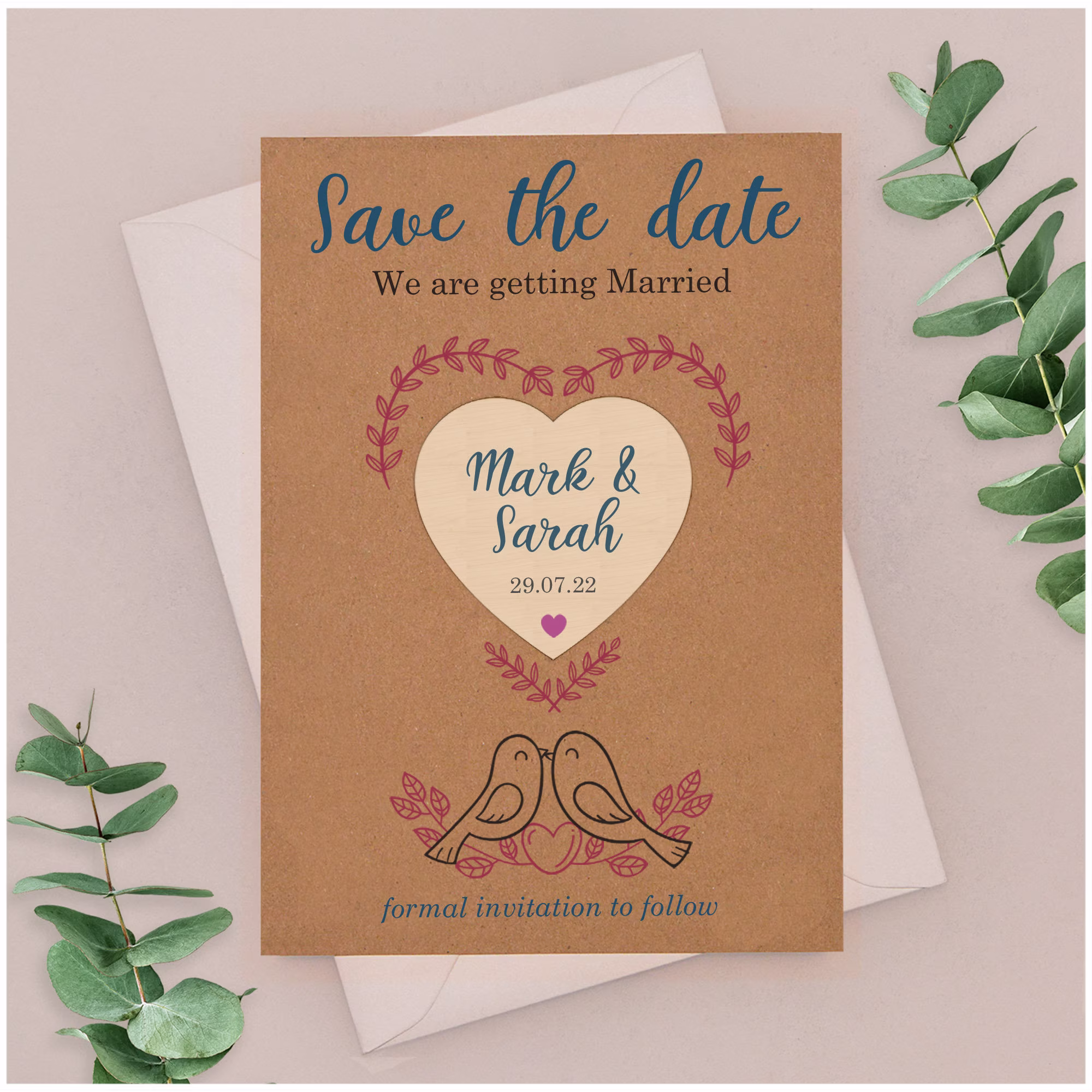 Love Birds Wedding Save The Date Cards & Magnets - Personalised Wood Envelopes Kraft Card