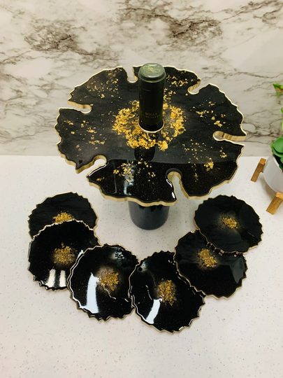 Elegant Custom Wine Bar Set|Resin Geode Art Coasters|Set Of 6 Coasters & Glass Caddy For in Silver Or Gold|Resin Housewarming
