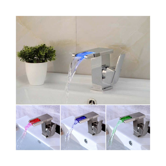 LED Changing Bathroom Basin Waterfall Faucet Mixer Taps RGB Color UK