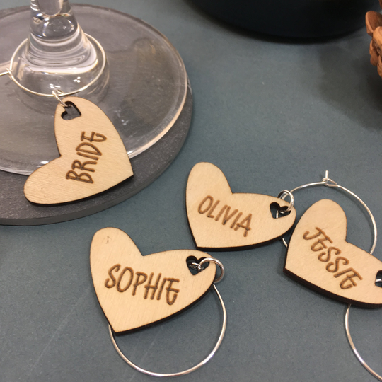 Personalised Heart Shaped Glass Charm, Wedding Favour Ideas, Wooden Wine Glass Charms, Name Place Settings, Favours, Hen Do Charms