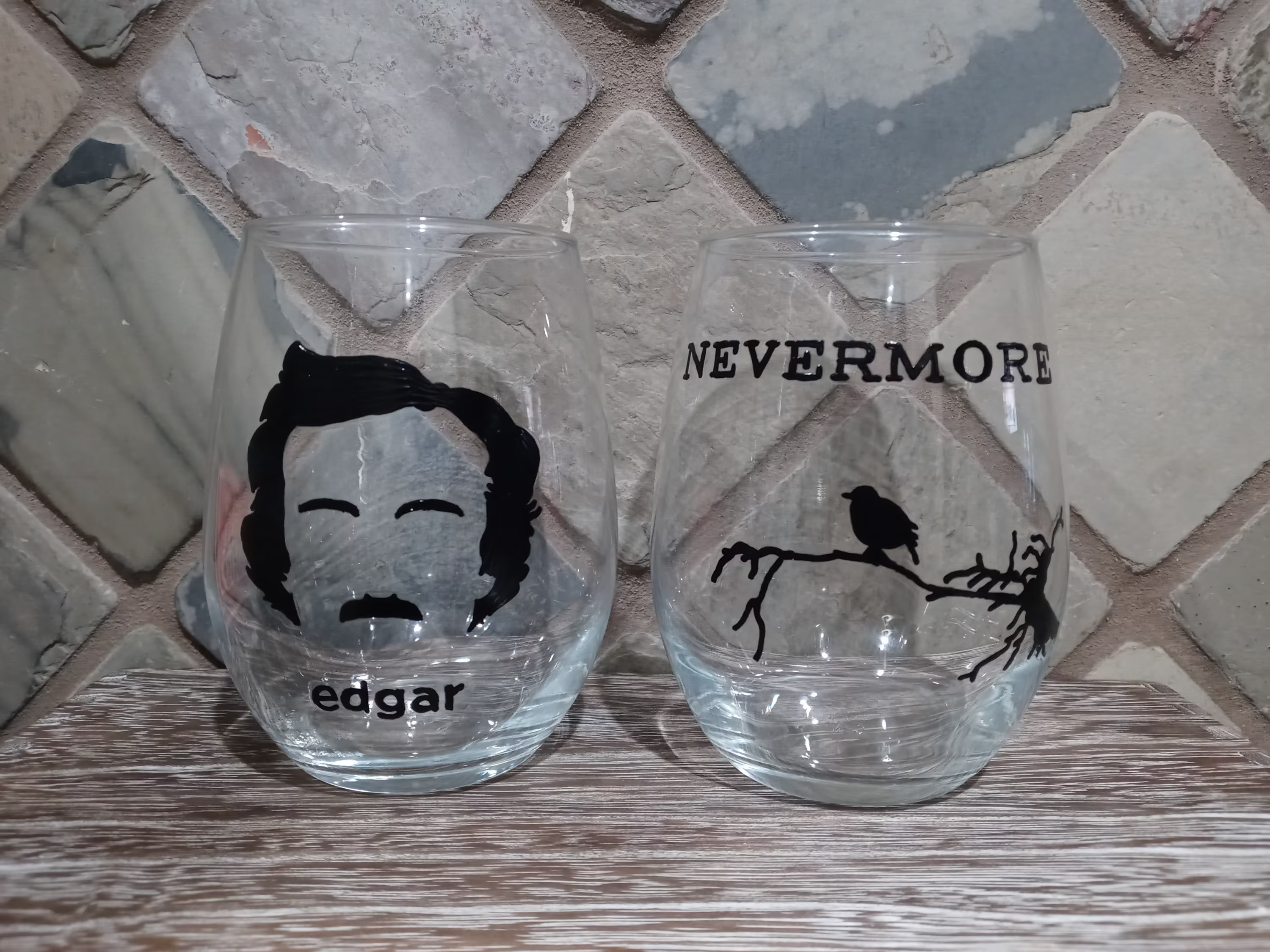 Set Of 2 Edgar Allan Poe Inspired Hand Painted Wine Glasses The Raven/Nevermore