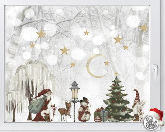 Classy Santa Window Decal By Dizzy Duck - Vintage Father Christmas Snowy Winter Scene Sticker Reusable Seasonal Cling Décor