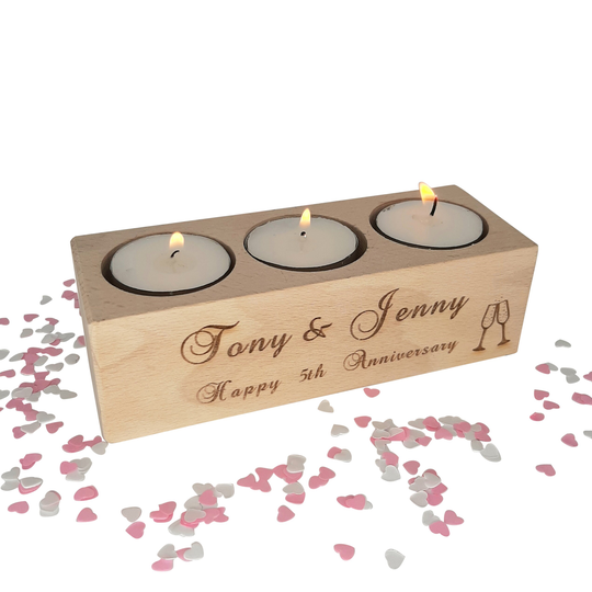 Personalised Wooden Candle/Tealight Holder & Choice Of Colours. 5Th Wedding Anniversary, Year Can Be Changed. Wood Anniversary
