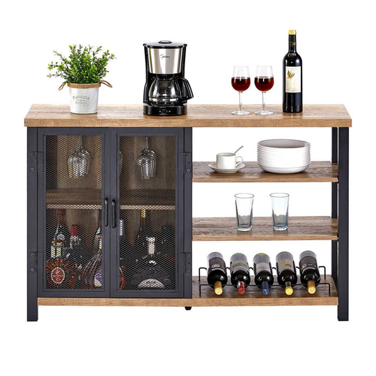 Wine Rack Bar Cabinet For Liquor & Glasses Rustic Wood Metal Table Accent Sideboard Buffet With Doors Multi Functional