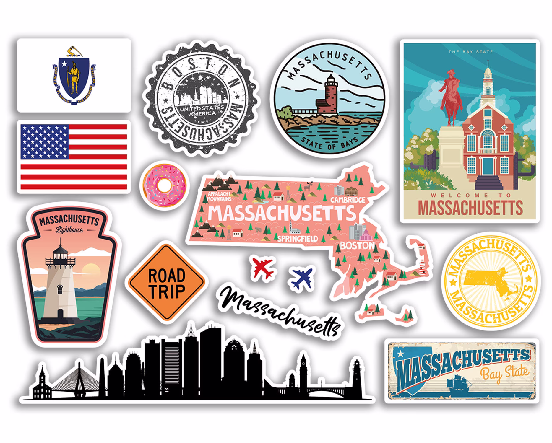 A5 Sticker Sheet Massachusetts Landmarks Vinyl Stickers - America State City Airport Stamps Skyline Flag Map Travel Holiday Scrapbook #79163