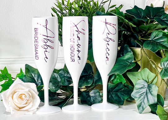 Champagne Premium Plastic Flute White Reusable Personalised, Bridesmaid Proposal, Hen Party, Disposable, Wedding Party, Champagne Glass
