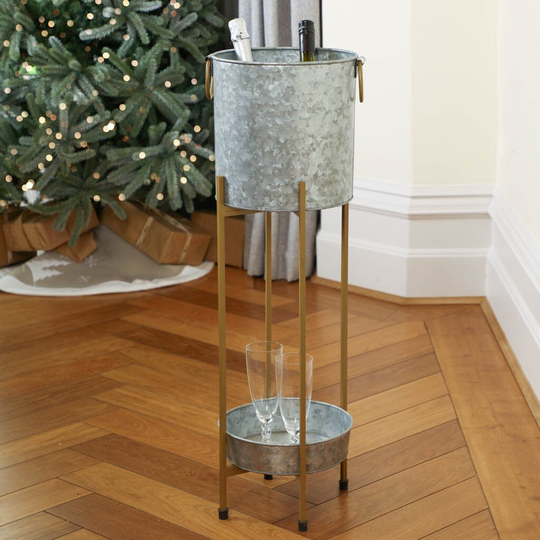 Large Two Tier Champagne Bucket Silver Finish Wine Prosecco Bottle Cooler Ice Party Tub With Gold Folding Stand & Bar Tray