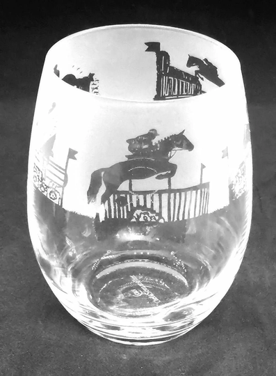 36Cl Stemless Wine/Water Glass With Cross Country Event Horse Design