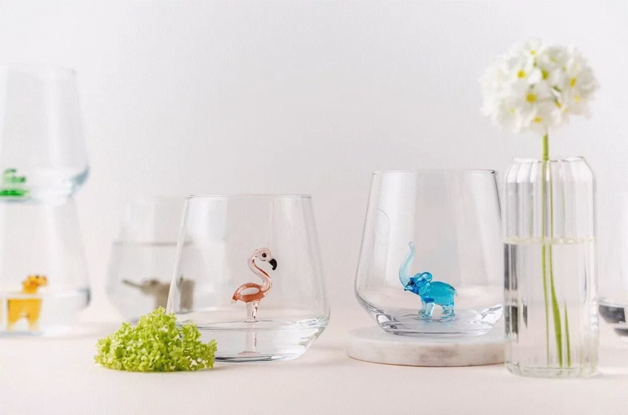 Glasses With Tiny Handmade Animal Figures, Blue Elephant, Flamingo Tumbler, Décor, Elephant Gifts, Glass Cup, Wine