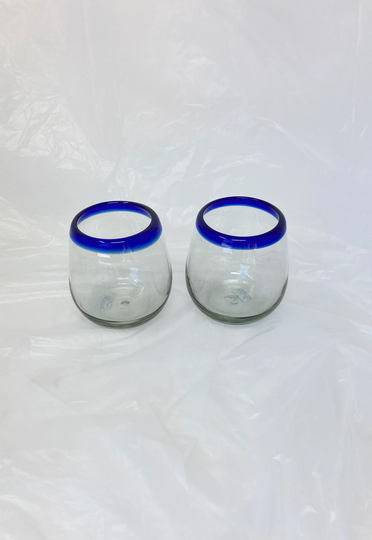 2 Stemless Wine Glasses - Cobalt Blue Rim
