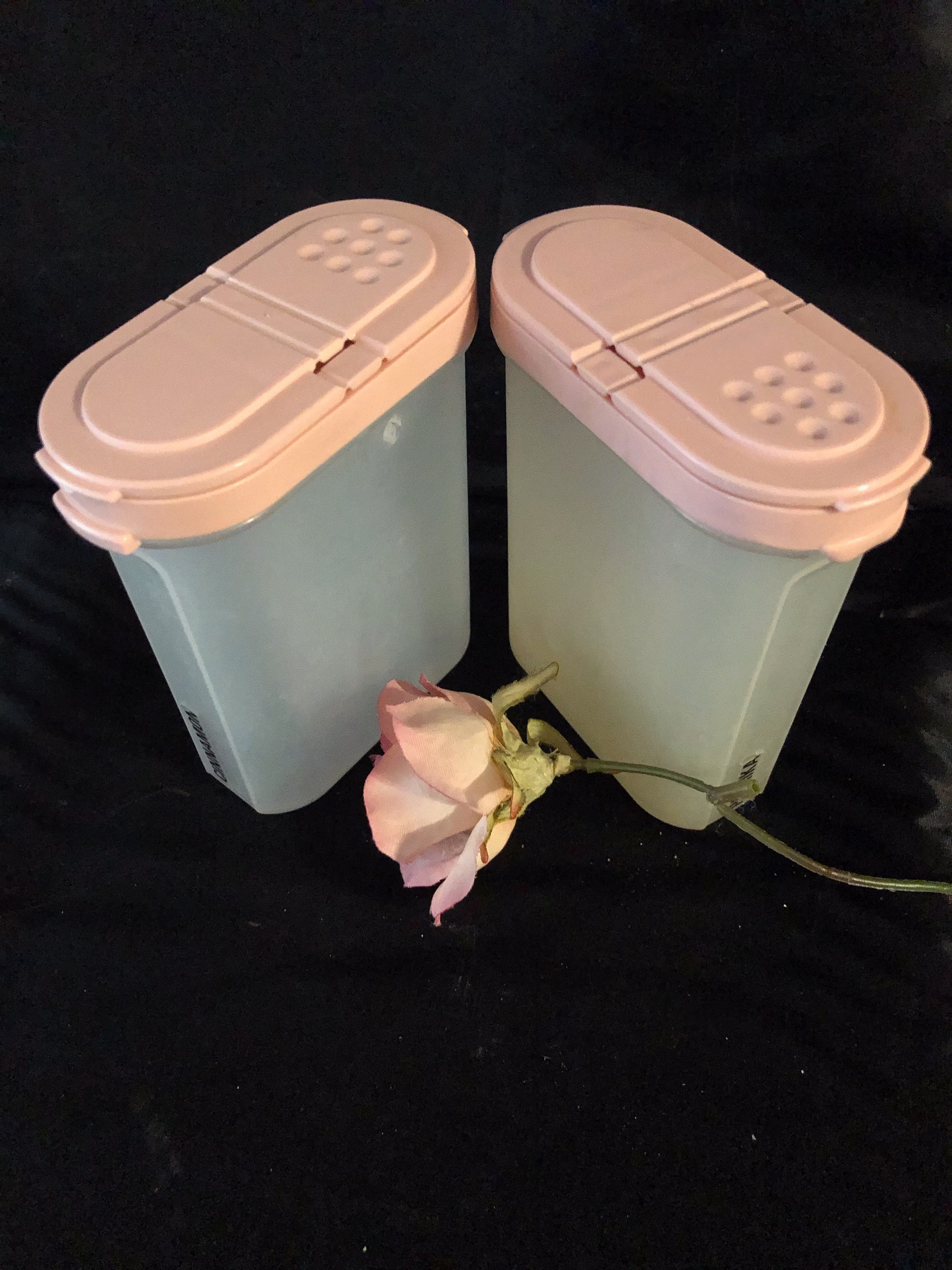 Set Of 2 Large Used, Vintage Tupperware Condiment Keeps/Containers With Pink Lids