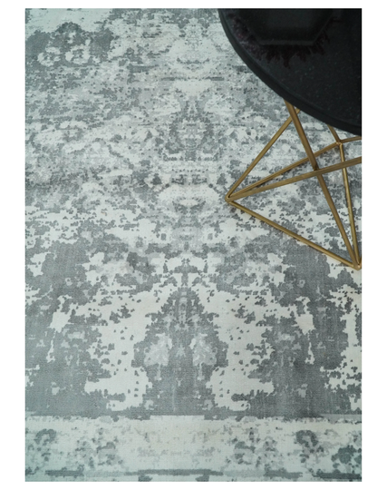 8x10 Gray & Ivory Bamboo Silk Design Handmade Area Rug, Living Room, Bedroom, Kitchen Rug | Qt16