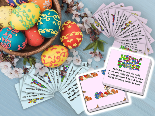 12 X Easter Egg Hunt Clues - 2 Unique Sets Fun Game Activity For Kids Pink Blue Cards Treasure Chocolate Sweets