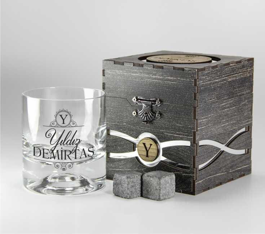 Gifts For Men, Custom Engraved Whiskey Glass With Cooling Stones & Elegant Wooden Box, Dad