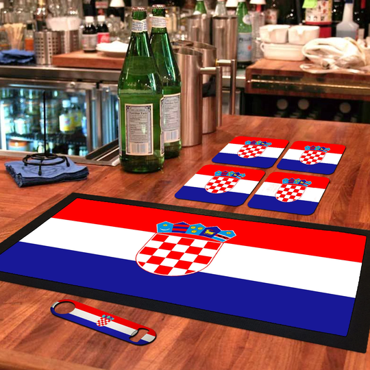 Croatia Flag Bar Runner Mat, Matching Bottle Opener & 4 X Drinks Coasters Croatian Gift Set For Home Bars Man Cave Football Fans