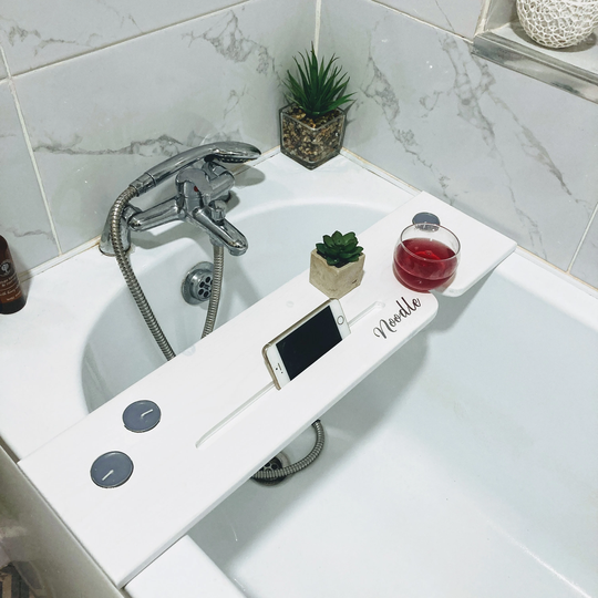 78cm Handmade Seawash White Bath Board/Shelf Caddy - Wine Glass, Tealights & Phone/Tablet Slot