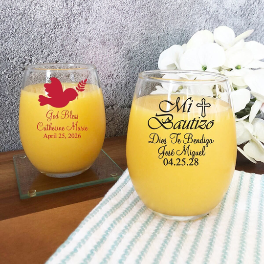 Set Of 24 | Baptism Christening Personalized Stemless 9 Oz Montereytimes Dm5 Mi Bautizo Wine Glass Favors