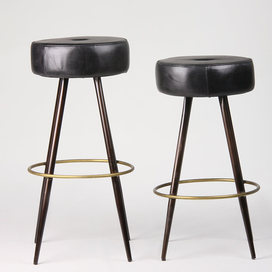 Crompton Bar Stool Black Leather Seat Pewter & Brass Base 66 Or 75 cm