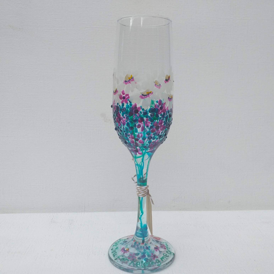 Champagne Flute Blue Petals Hand Painted Glass | Can Be Personalised For Free Unique, Perfect Gift To Order Her Him