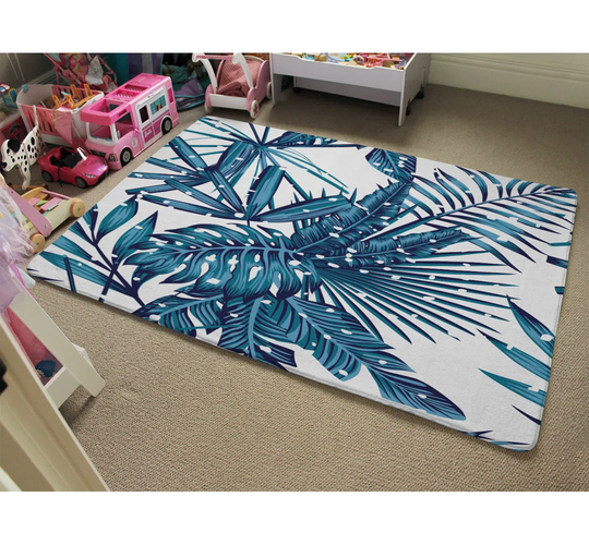 Omro Snow Tropical Leaves Designer Shaggy Blue/White Rug