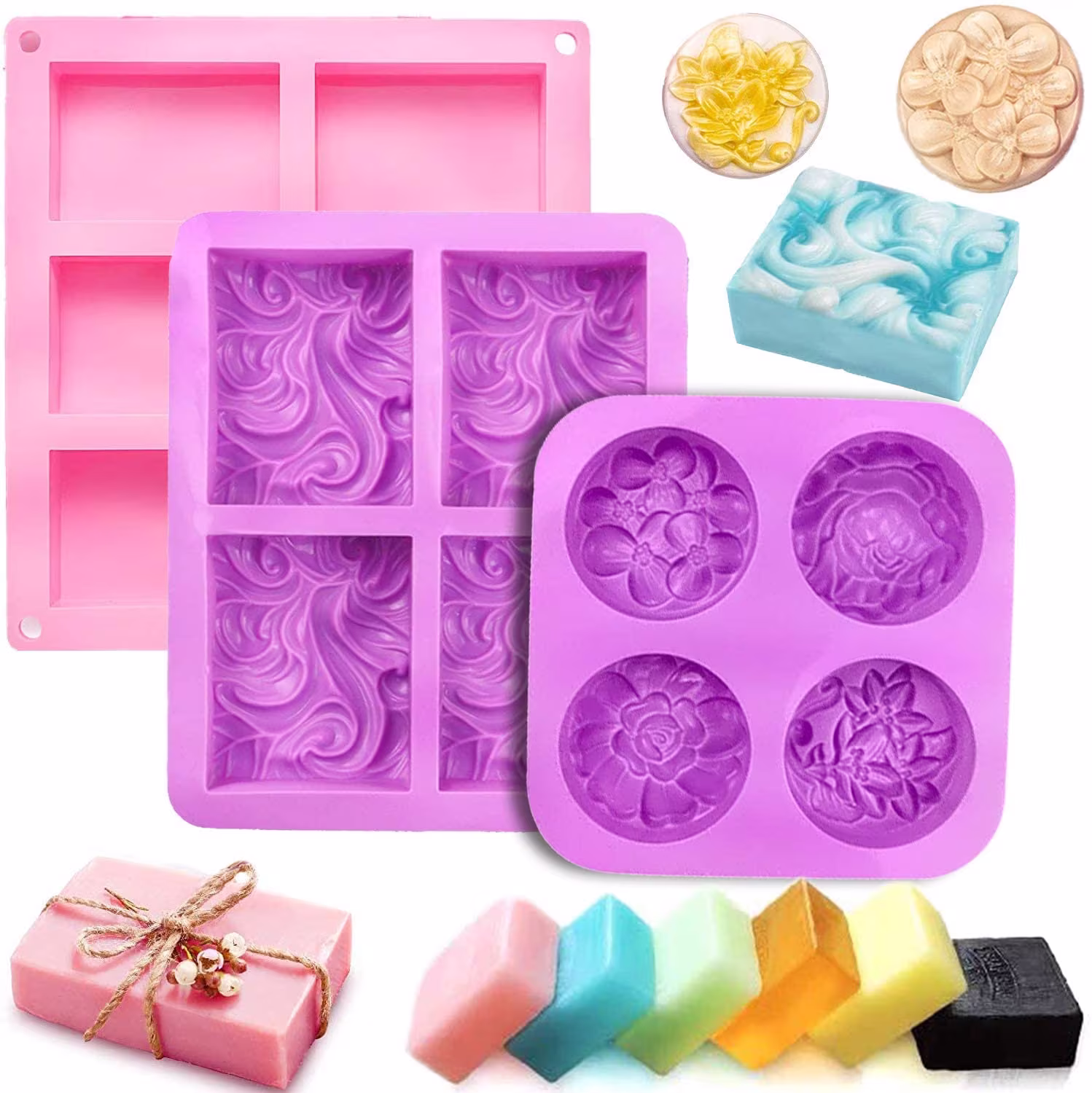 3 Pack 6 Cavities Silicone Soap Mold Rectangle Oval & Flower Shapes Molds Cake Chocolate Biscuit Pudding Jelly Ice Cube Tray