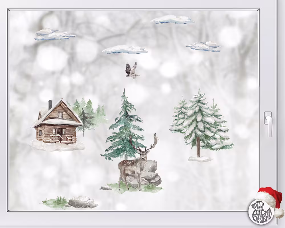 Winter Forest Scene Deer Window Decal Set - Nordic Watercolour Classy Christmas Décor By Dizzy Duck Reusable Cling Stickers