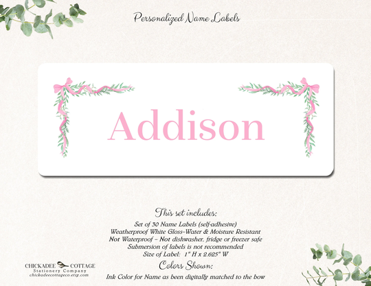 Girls School Supply Labels, Name Stickers, Labels For School, Girls, Personalized Back To Bow With Greenery