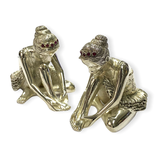 Novelty Ballet Dancer Pair With Ruby Stone Salt & Pepper Shaker Pots 925 Sterling Silver Plated