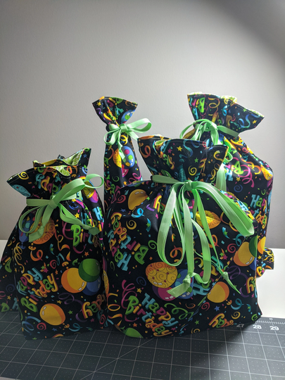 Happy Birthday Fabric Drawstring Gift Bags Eco-Friendly, Reusable Children Teen Adult