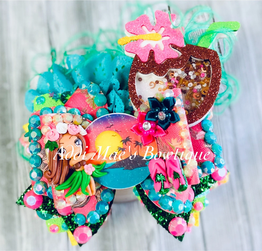 Hula Girl Faux Leather Glitter Bow/Rhinestone /Hawaii Bow/Summer Bow/Beach Bow/Polymer Clay Dancer /Coconut Foam Shaker