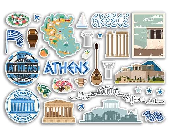 A5 Sticker Sheet Athens Landmarks Vinyl Stickers - Greece Greek Beach Airport Stamps Skyline Flag Travel Holiday City Trip Luggage #79100