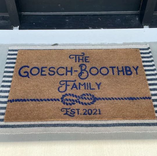 Personalized Name Doormat, Nautical Lake House Beach Home Decor Gift, Outdoor Welcome Rug, Flock, Flocked Coir Door Mat, Rope